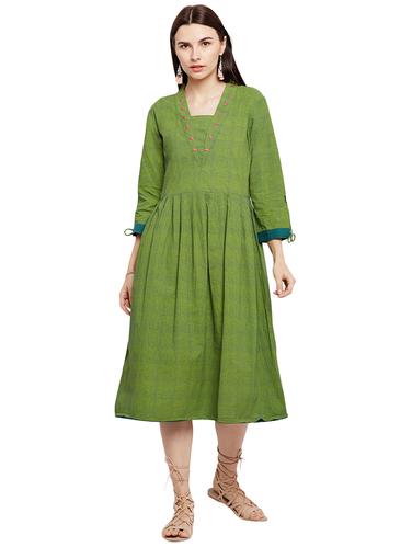 green cotton aline ethnic dress - 15623360 - Very Small Image - 1