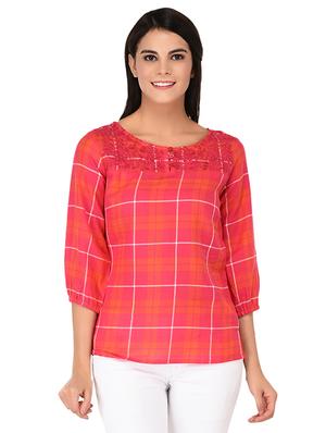 embroidered neck button detail checkered top - 15623564 - Standard Image - 1