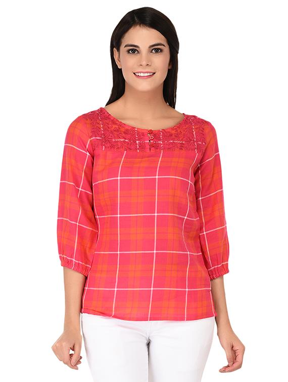 embroidered neck button detail checkered top - 15623564 - Zoom Image - 1
