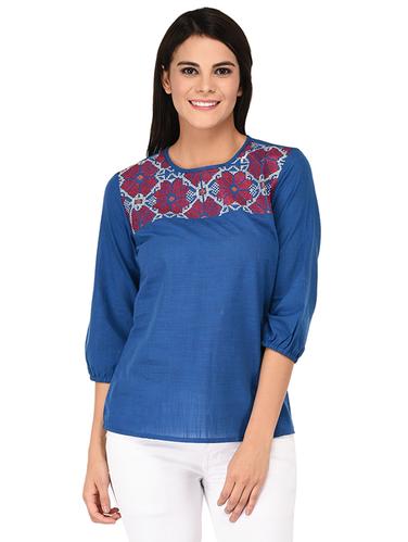 round neck embroidered yoke top - 15623570 - Very Small Image - 1