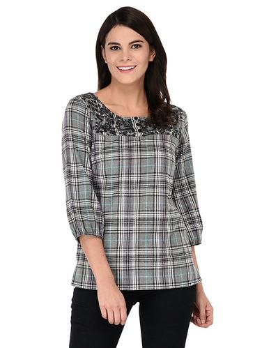 embroidered neck button detail checkered top - 15623571 - Very Small Image - 1