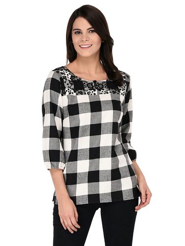 embroidered neck button detail checkered top - 15623574 - Very Small Image - 1