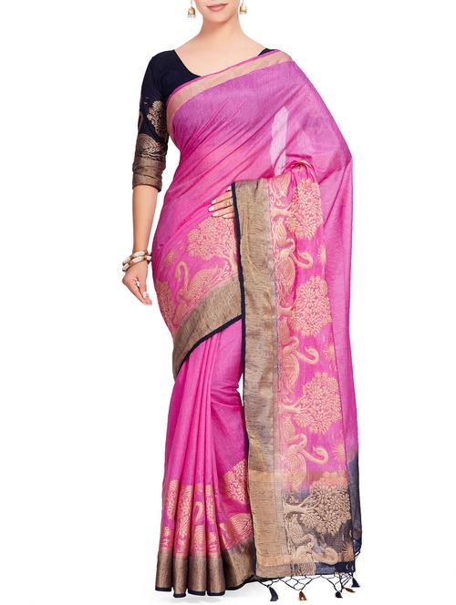 conversational border linen woven saree with blouse - 15625568 - Standard Image - 1