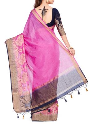 conversational border linen woven saree with blouse - 15625568 - Standard Image - 2