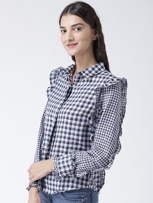 frilled detail concealed placket checkered shirt - 15628050 - Standard Image - 2