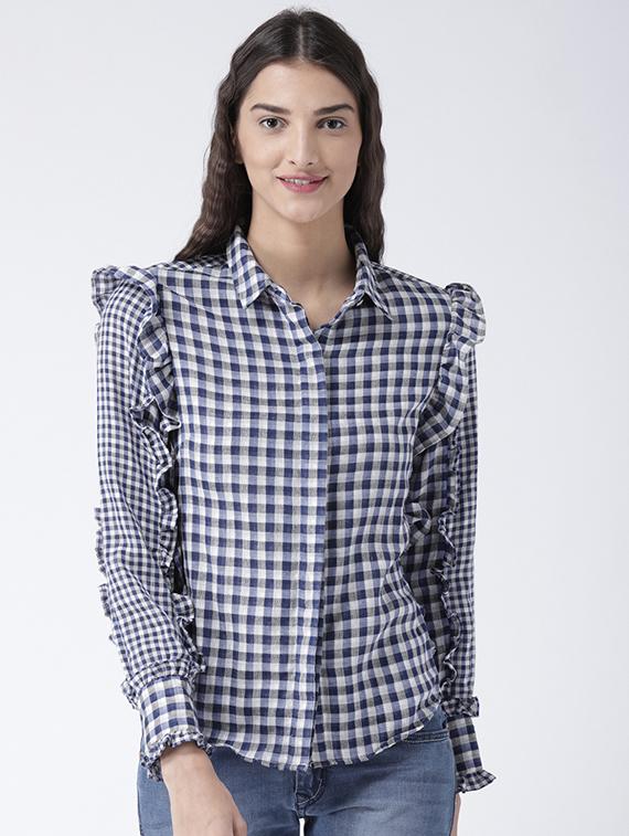 frilled detail concealed placket checkered shirt - 15628050 - Zoom Image - 1