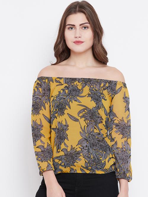 off shoulder mustard printed top - 15629302 - Standard Image - 1
