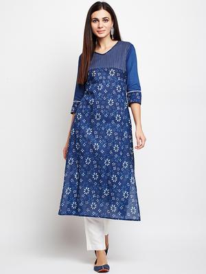 blue cotton straight kurta - 15629503 - Standard Image - 1