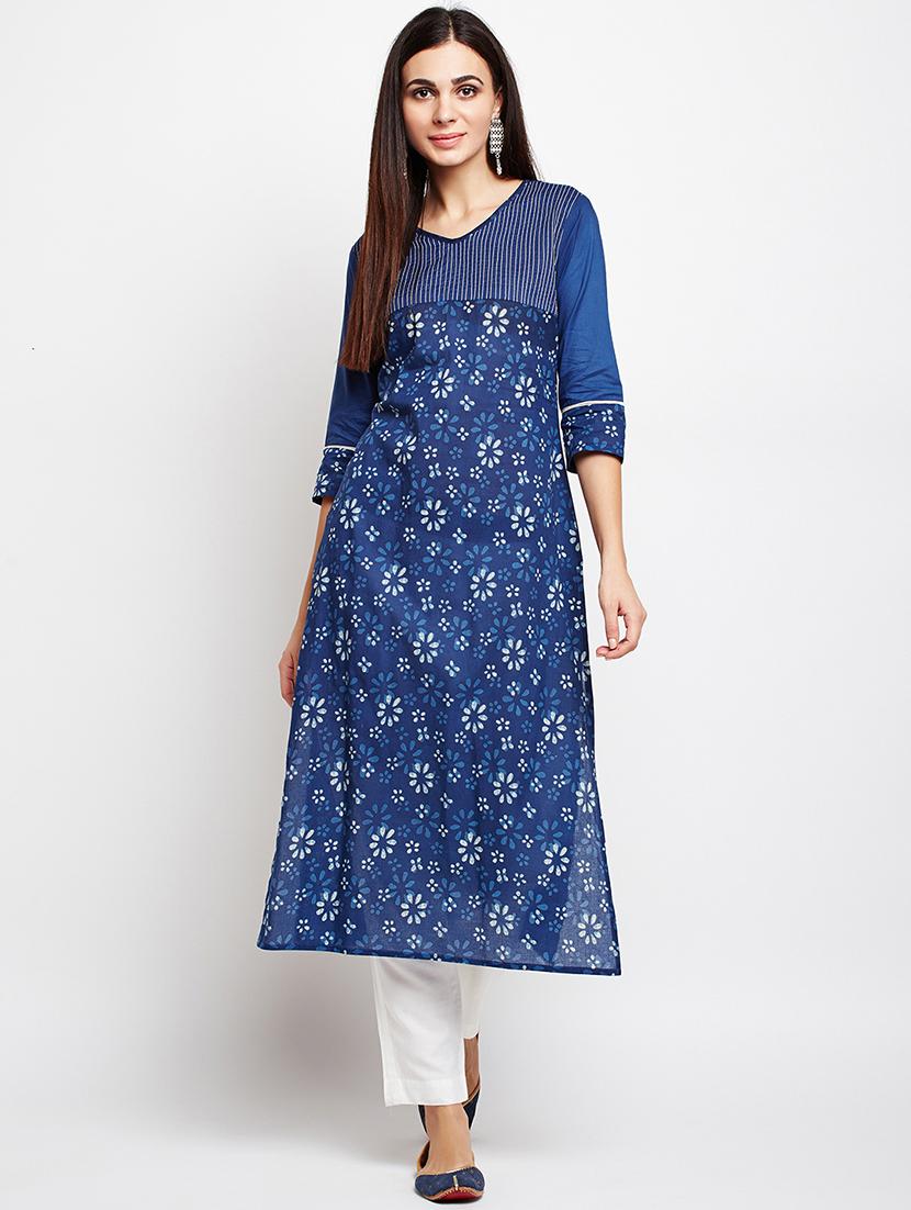 blue cotton straight kurta - 15629503 - Zoom Image - 1