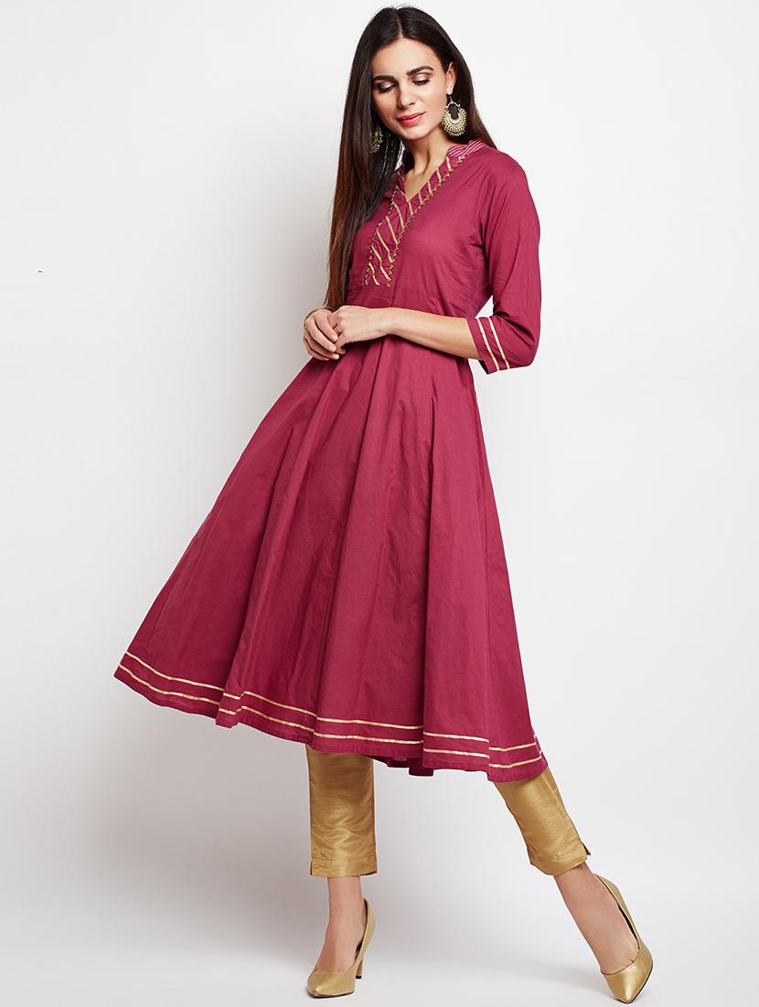 Burgundy gotta work anarkali kurta - 15629505 - Zoom Image - 1