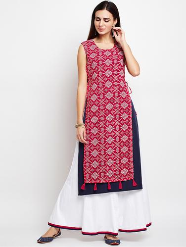 Bandhani layered kurta with tassels - 15629509 - Very Small Image - 1