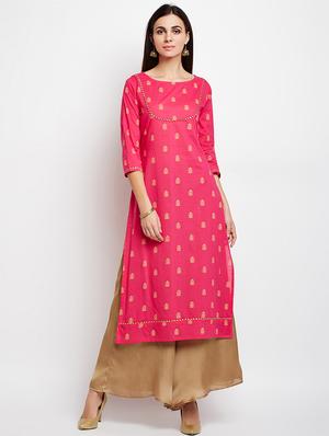 Fuchsia foil print kurta - 15629510 - Standard Image - 1