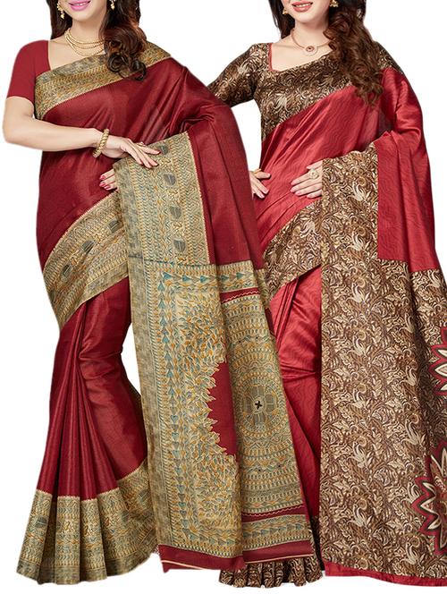maroon printed saree combo with blouse - 15630060 - Standard Image - 1