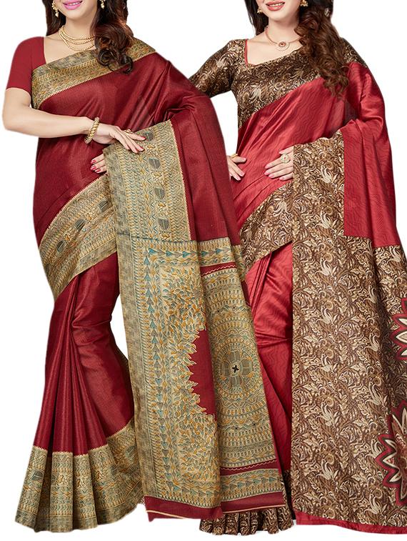 maroon printed saree combo with blouse - 15630060 - Zoom Image - 1