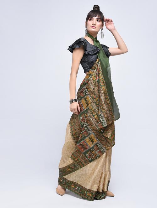 contrast pallu warli printed saree with blouse - 15630536 - Standard Image - 1