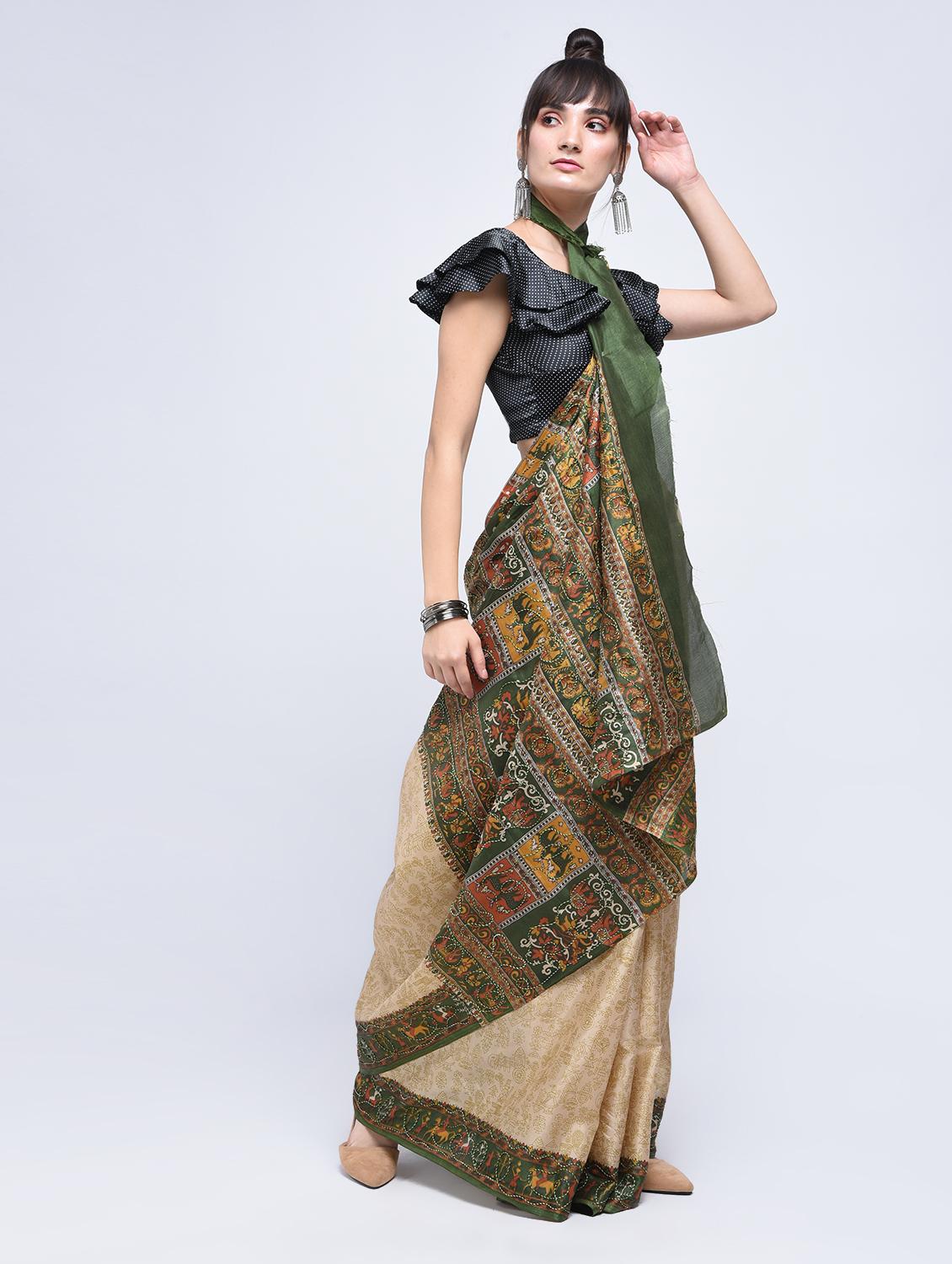 contrast pallu warli printed saree with blouse - 15630536 - Zoom Image - 1