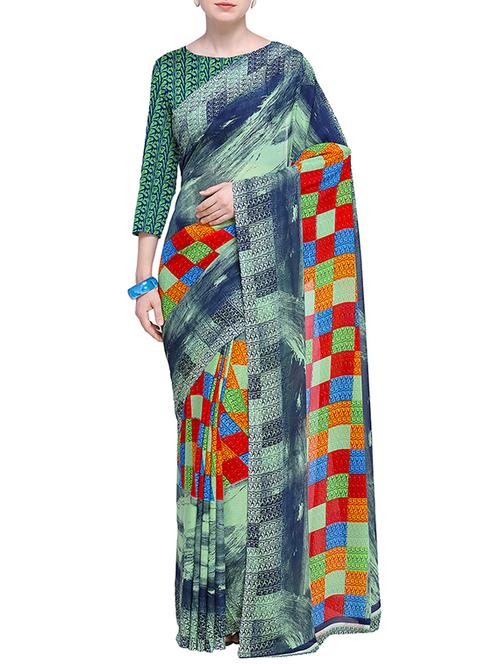 checkered printed saree with blouse - 15630934 - Standard Image - 1