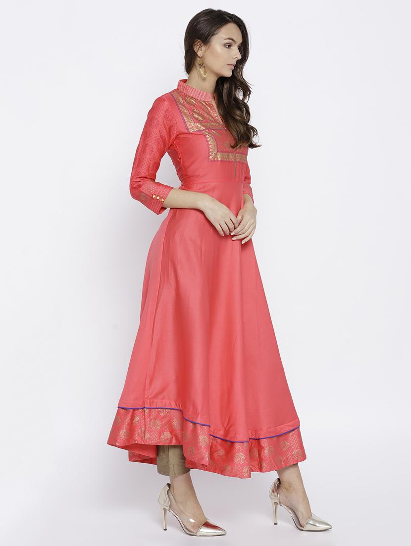 rose pink foil print a-line kurta - 15640218 - Zoom Image - 2