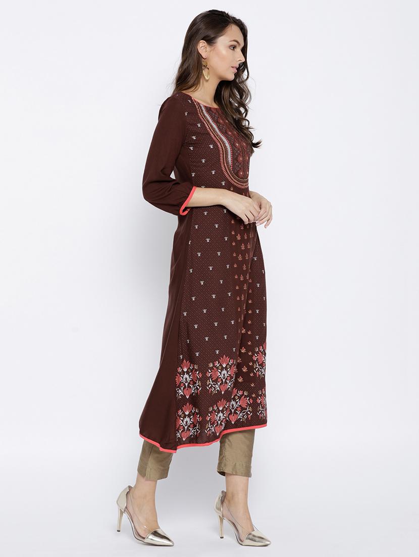 embellished foil print straight kurta - 15640228 - Zoom Image - 2