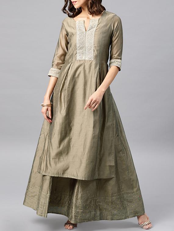 yoke design chanderi kurta with skirt set - 15642319 - Zoom Image - 1