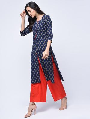 indigo printed straight kurta - 15647822 - Standard Image - 2
