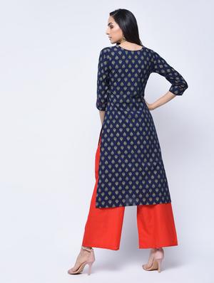indigo printed straight kurta - 15647822 - Standard Image - 3