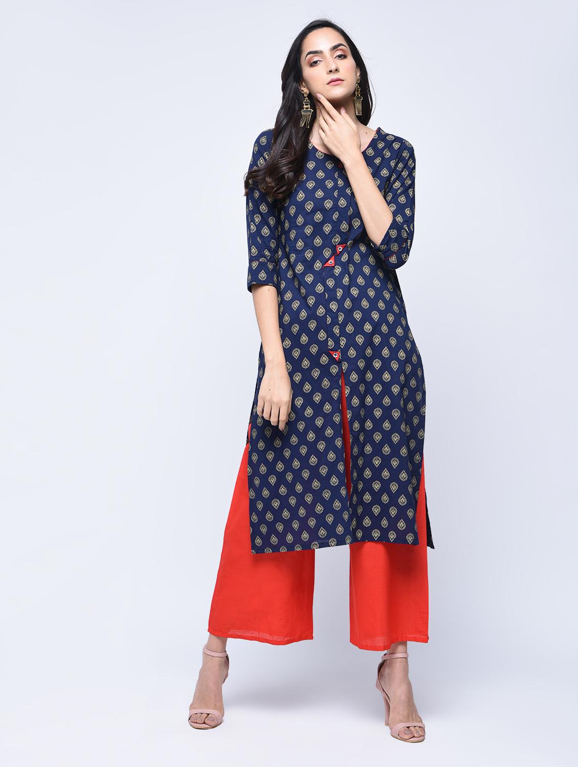 indigo printed straight kurta - 15647822 - Zoom Image - 1