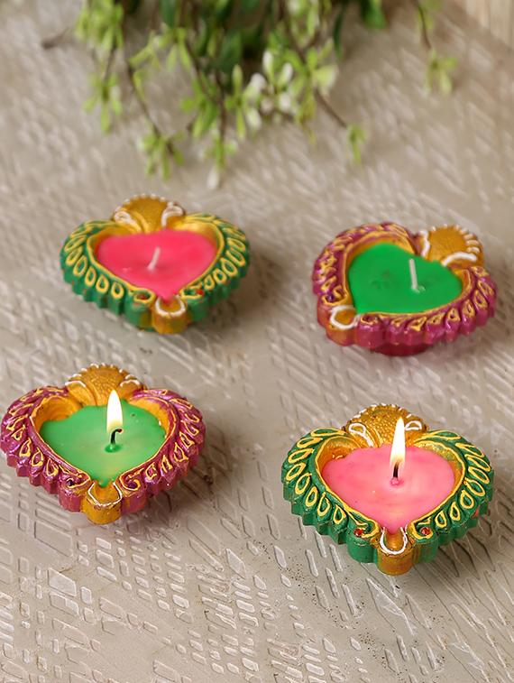 aapno rajasthan multicoloured wax filled terracotta diyas-set of 4 - 15649191 - Zoom Image - 1