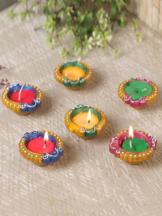 aapno rajasthan small handpainted wax filled terracotta diyas - set of 12 - 15649194 - Zoom Image - 1