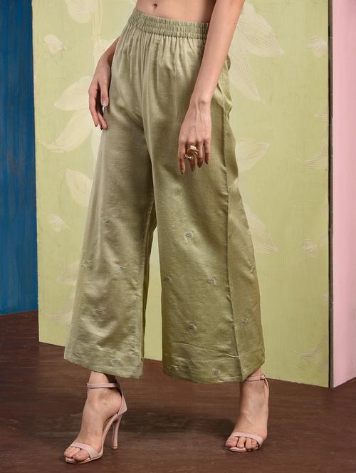 olive embroidered flared palazzo - 15653704 - Standard Image - 1