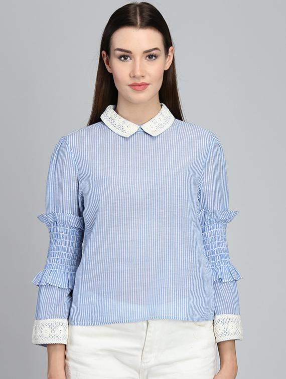 smocked sleeved lace collared striped top - 15671784 - Zoom Image - 1