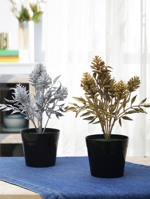 Combo of 2 Spray Painted Artificial Silver and Gold Pine Cone Plants by Foliyaj - 15676339 - Standard Image - 1