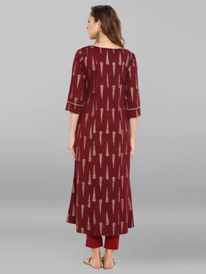 burgundy a-line foil print kurta - 15676551 - Standard Image - 4