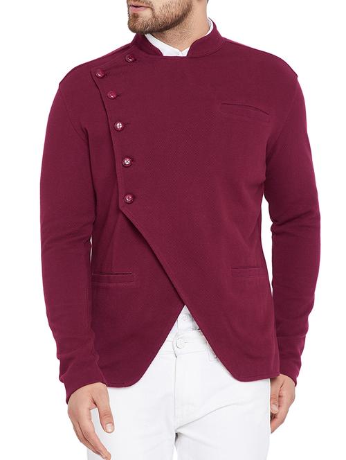 maroon solid bandhgala casual blazer - 15678078 - Standard Image - 1