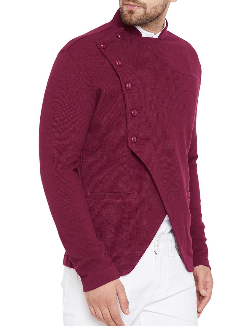 maroon solid bandhgala casual blazer - 15678078 - Zoom Image - 2