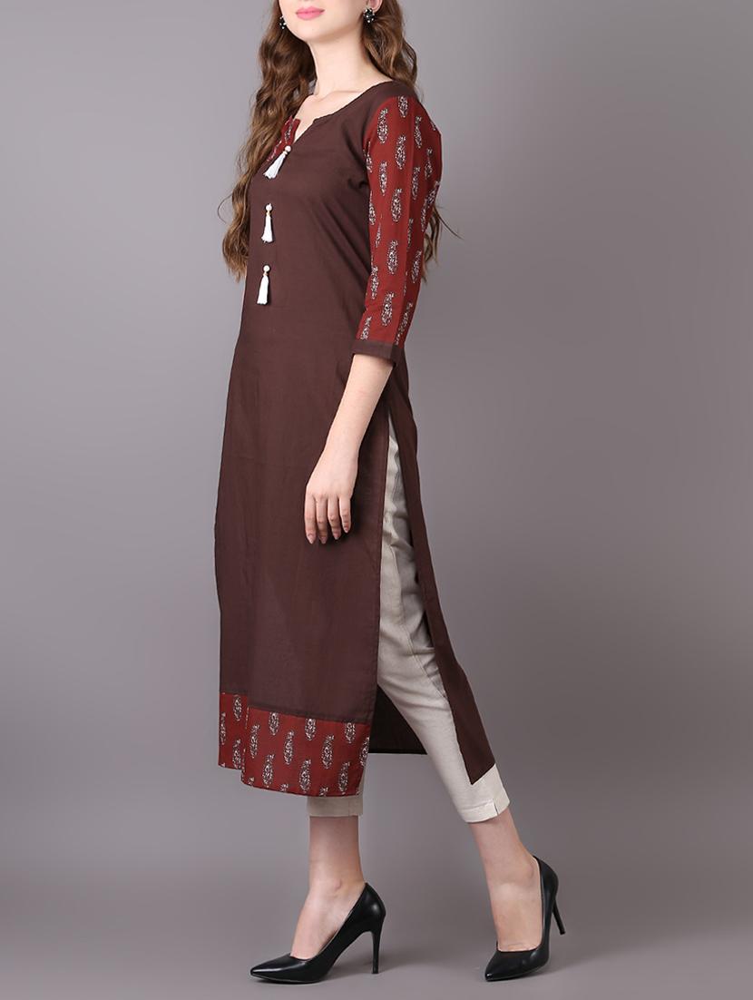 coffee straight kurta with tassels - 15680427 - Zoom Image - 2