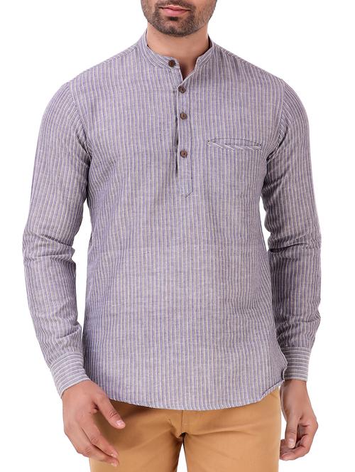 blue khadi cotton short kurta - 15680755 - Standard Image - 1