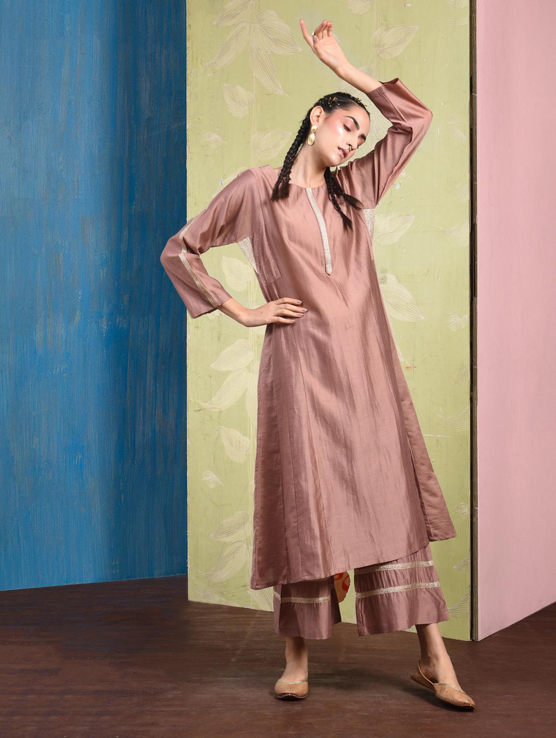 Coral gotta lace silk a-line kurta - 15693022 - Zoom Image - 1