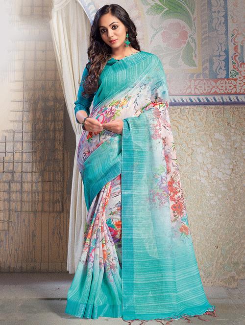 floral digital printed linen saree with blouse - 15694895 - Very Small Image - 1