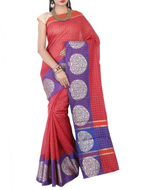contrast border checkered banarasi saree with blouse - 15695651 - Standard Image - 1