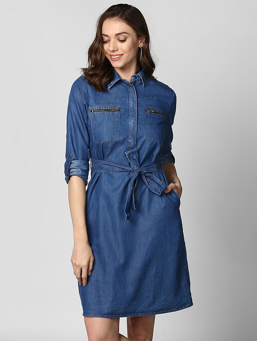 belted denim shirt collar dress - 15695655 - Zoom Image - 1