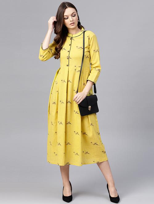 button detail bird print a-line dress - 15696075 - Standard Image - 1