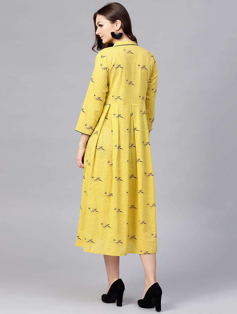 button detail bird print a-line dress - 15696075 - Zoom Image - 3