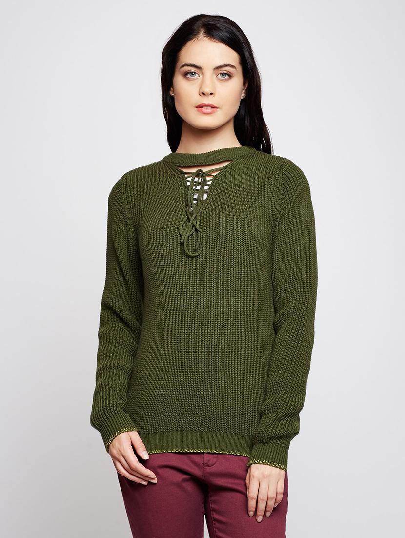 tie up neck ribbed knit pullover - 15698042 - Zoom Image - 1