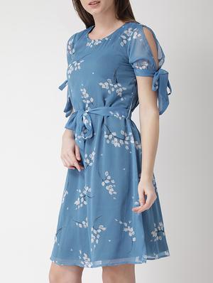 tie front knot detail sleeved dress - 15698688 - Standard Image - 2