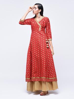 foil print angrakha kurta with tassels - 15701751 - Standard Image - 2