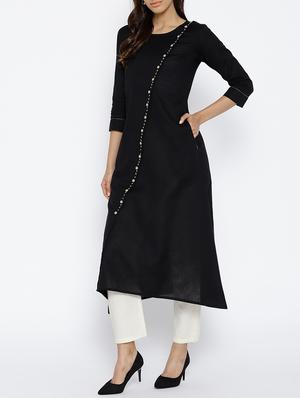 a-line solid kaantha detail kurta with pocket - 15703540 - Standard Image - 2