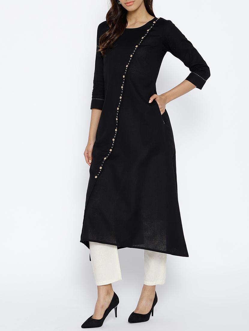 a-line solid kaantha detail kurta with pocket - 15703540 - Zoom Image - 2
