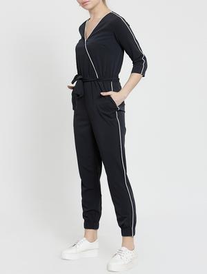 contrast piping tie belted jumpsuit - 15705920 - Standard Image - 2
