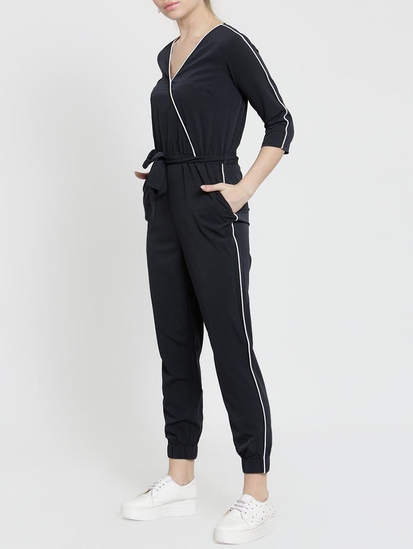 contrast piping tie belted jumpsuit - 15705920 - Zoom Image - 2